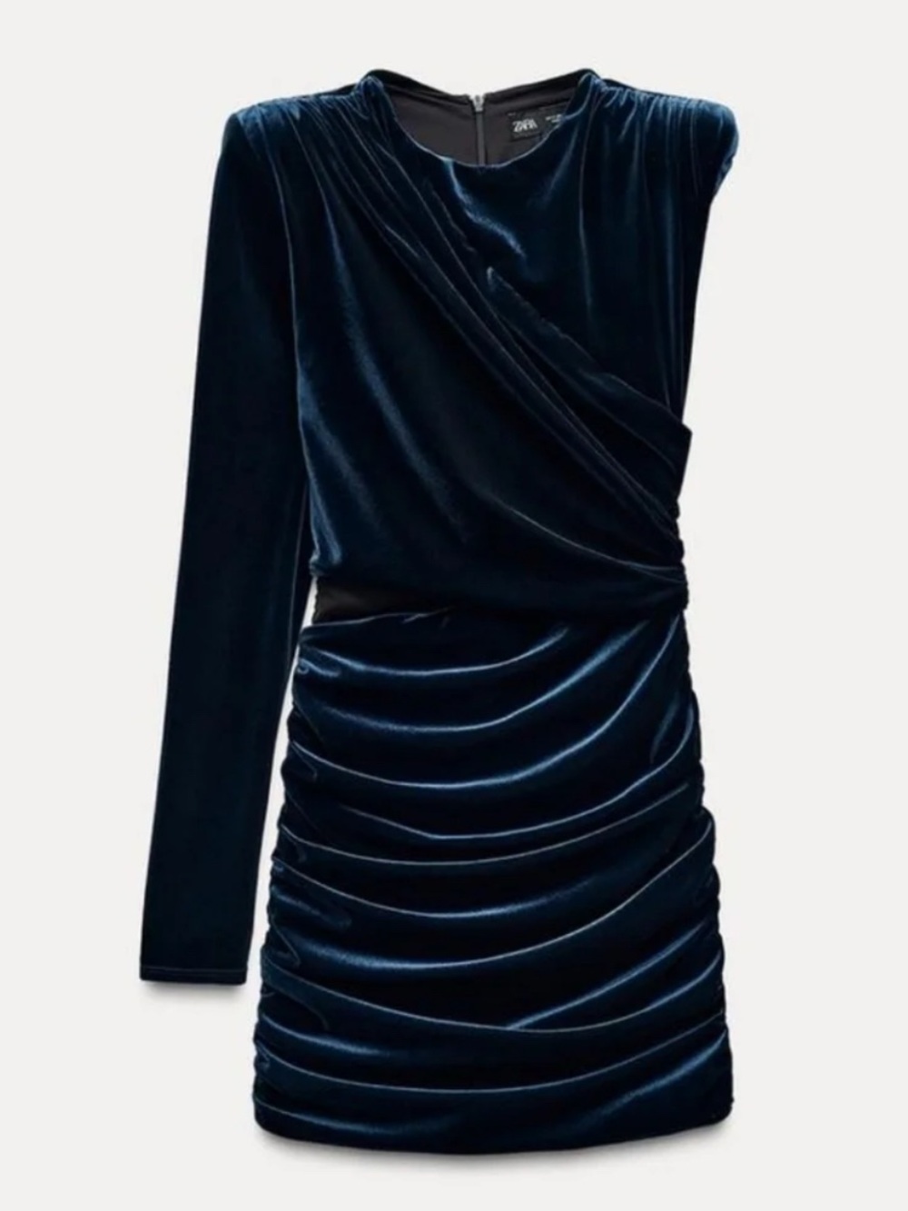 Zara Dark Blue Velvet Long Sleeve Draped Mini Dress